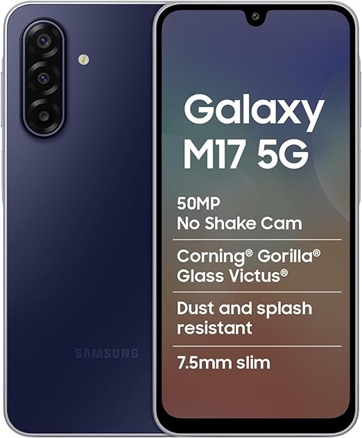 Samsung Galaxy M17 5G (Sapphire Black, 6GB RAM, 128GB Storage)| Circle to Search| Gemini Live| 50MP OIS Triple Camera| IP54 Rating| Gorilla Glass Victus| AI| 6 Gen of OS Upgrades| Without Charger